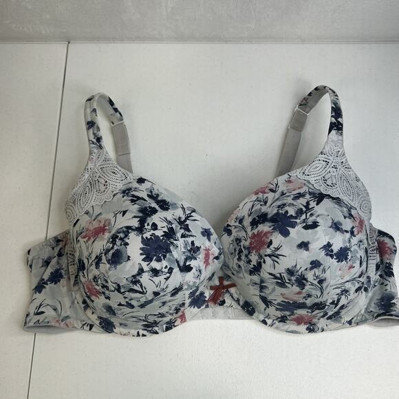 Cacique 44DD Bra Boost Plunge Underwire Floral Lace Cotton Full Figure Coverage - Picture 3 of 15